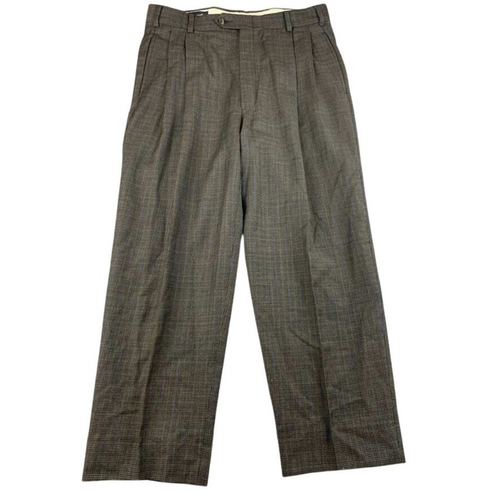VTG Pierre Cardin Pant Men‎ 32x26 Brown Houndstooth Worsted Wool Pleated Trouser